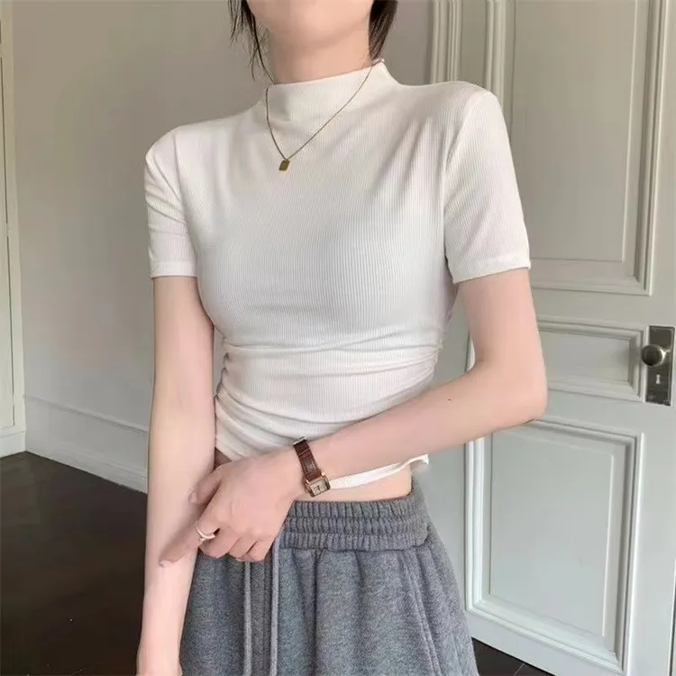 chic甜辣妹正肩短袖T恤女夏季纯欲风半高领褶皱紧身显瘦短款上衣