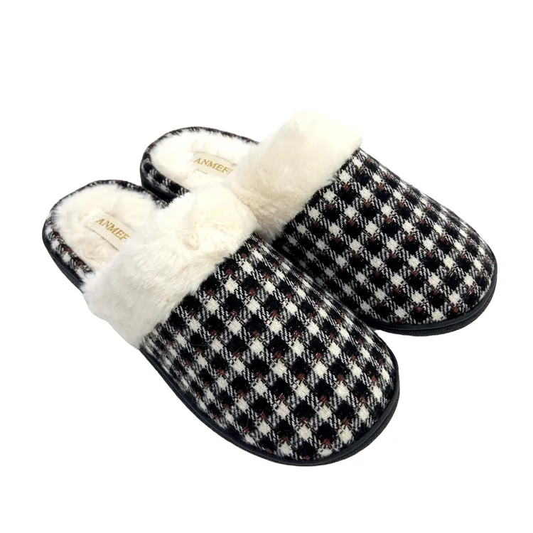 女士秋冬保暖方格毛呢绒棉拖鞋加厚防滑居家室内办公室包头时尚