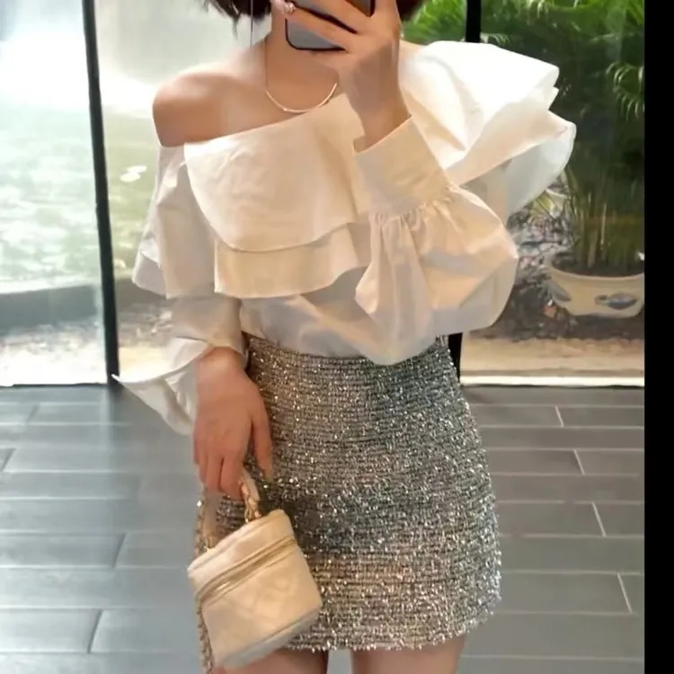 2024年春夏高腰显瘦性感 百搭衬衣加辣妹a字包臀裙短裙一字肩