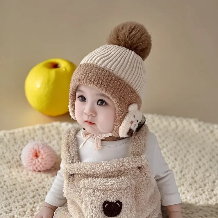 宝宝帽子冬季韩版加厚婴儿小熊护耳帽秋冬防风男童女孩针织毛线帽