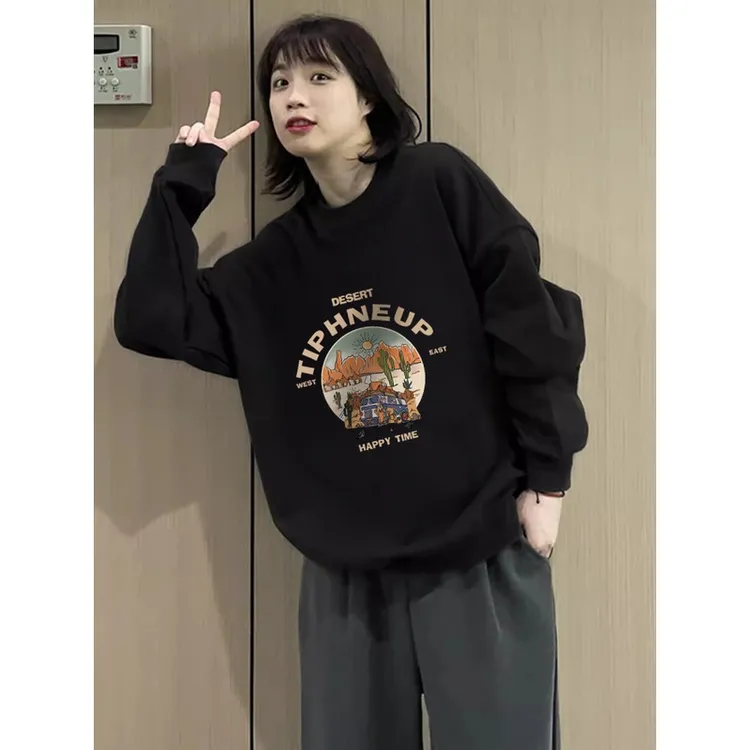 黑色美式潮牌ins复古卫衣女秋冬季2025新款宽松百搭圆领长袖上衣