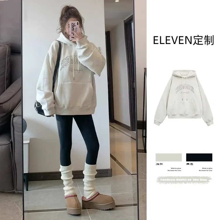 美式复古连帽灰色加绒加厚卫衣女秋冬季2025新款韩版宽松显瘦外套