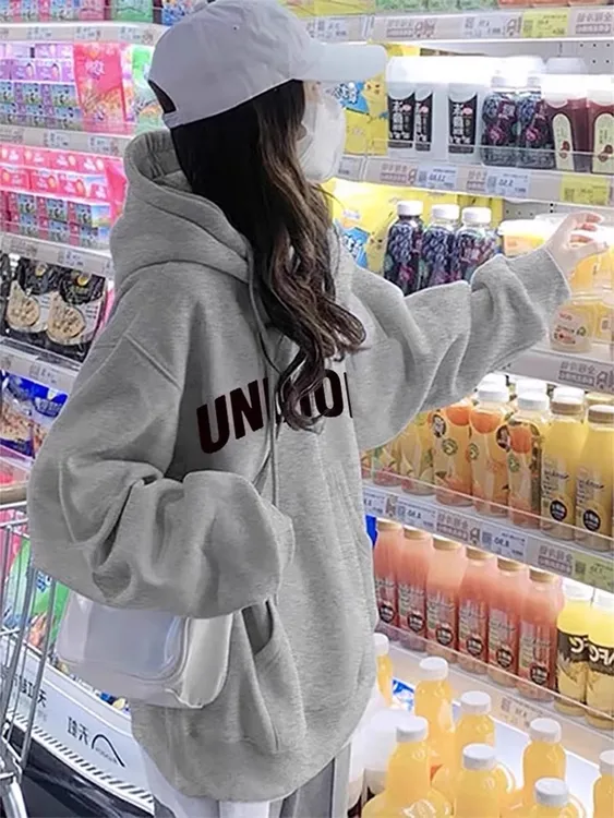 灰色加绒加厚连帽卫衣女秋冬2025新款爆款oversize小个子宽松上衣