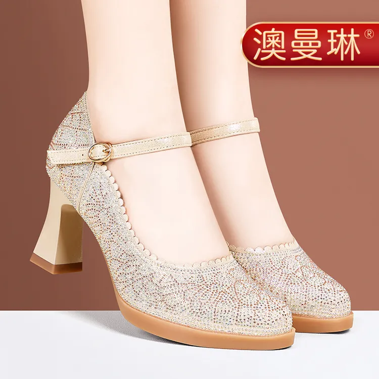 喜妈妈婚宴鞋走秀鞋一字扣金色婚鞋粗跟舒适软底百搭不累脚中跟