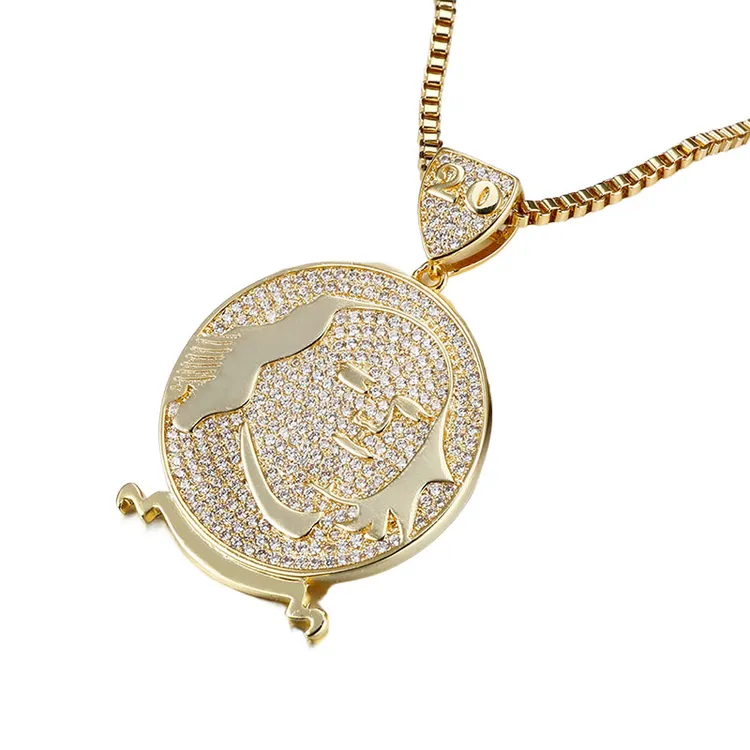 铜锆石吊坠 欧美嘻哈圆形吊坠满钻镶嵌锆石时尚男款饰品金色潮牌