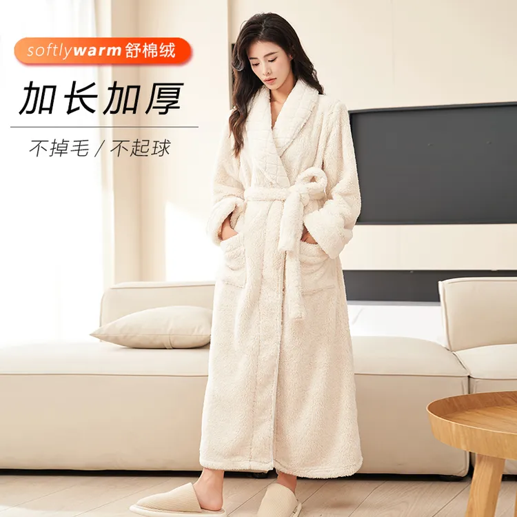 加厚舒棉绒睡袍女冬不掉毛浴袍长款法兰绒睡衣保暖家居服女士晨袍