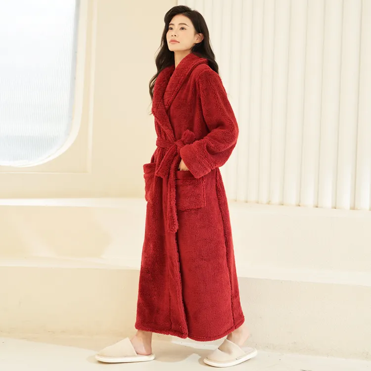 双面加厚款睡袍冬季女士珊瑚绒情侣加长款法兰绒浴袍女新婚晨袍冬