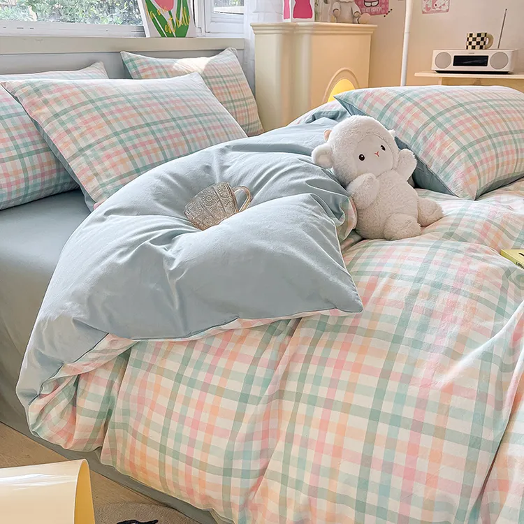 妙轩简约格子纯棉水洗棉四件套全棉被套被罩床单床笠款三件套定做