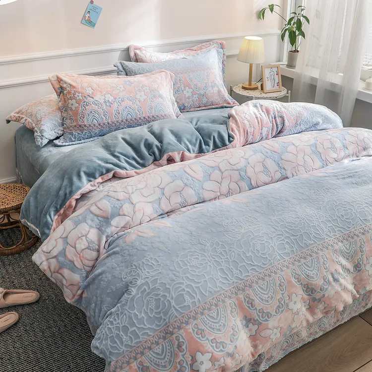 妙轩冬季加厚牛奶绒被套四件套8斤雕花法莱绒床上用品被罩双面绒