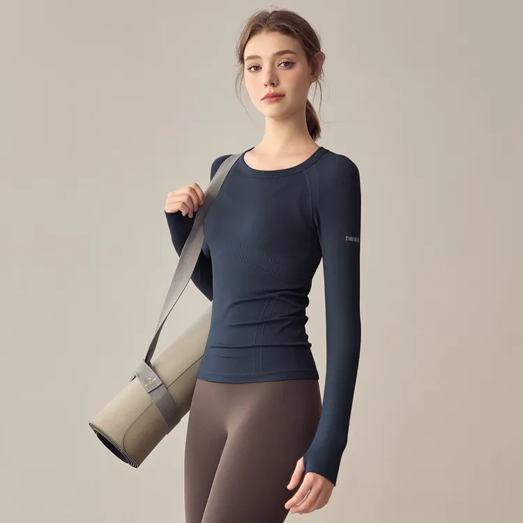 TEETKE瑜伽上衣运动T恤女普拉提训练服健身长袖高弹圆领打底秋冬
