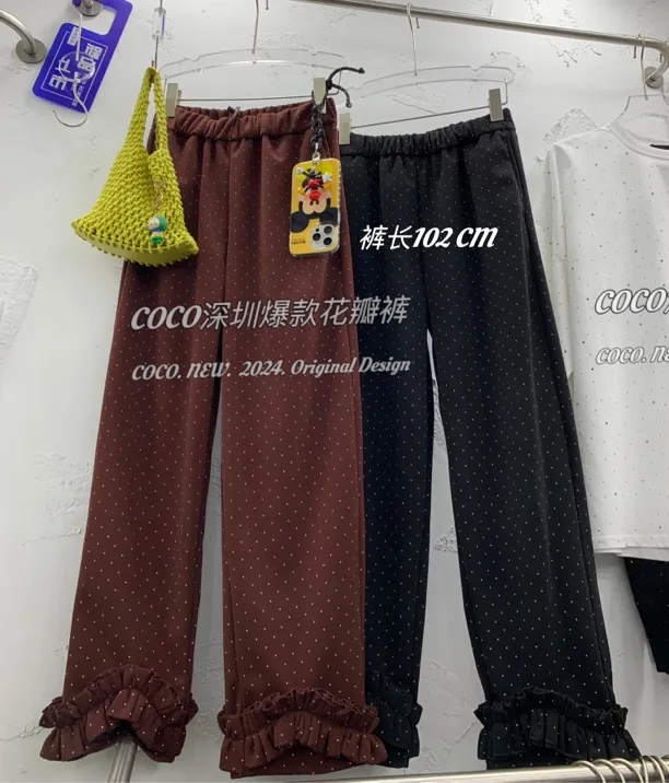 复古灰色波点花瓣裤女宽松直筒休闲显瘦