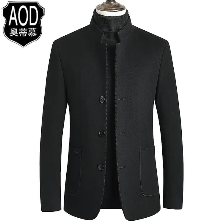 桑蚕丝中山装男士中华立领羊毛西服中式毛呢外套爸爸秋冬婚宴唐装