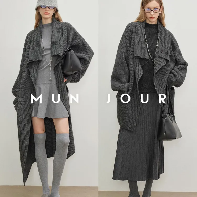 随性慵懒氛围_牦牛绒羊毛混纺温暖極简老钱宽松大开衫