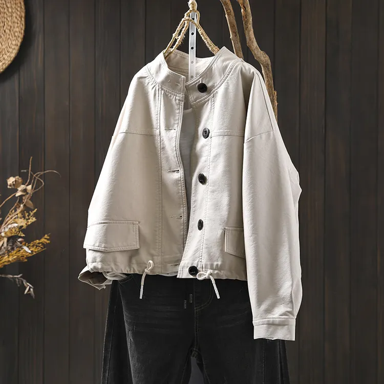 春秋休闲帅气机车服下摆抽绳立领pu皮衣外套女短款宽松设计感夹克