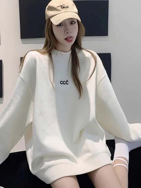 白色加绒圆领卫衣女2025新款韩版宽松简约百搭套头印花中长款上衣