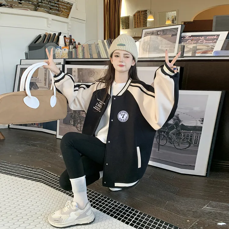 网红爆款美式棒球服女冬加厚夹棉撞色运动休闲洋气减龄开衫外套潮