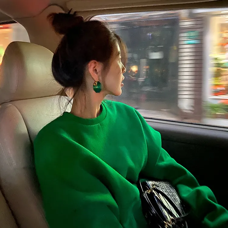 2025新款绿色卫衣女网红同款宽松bf慵懒风秋冬oversize加绒外套潮