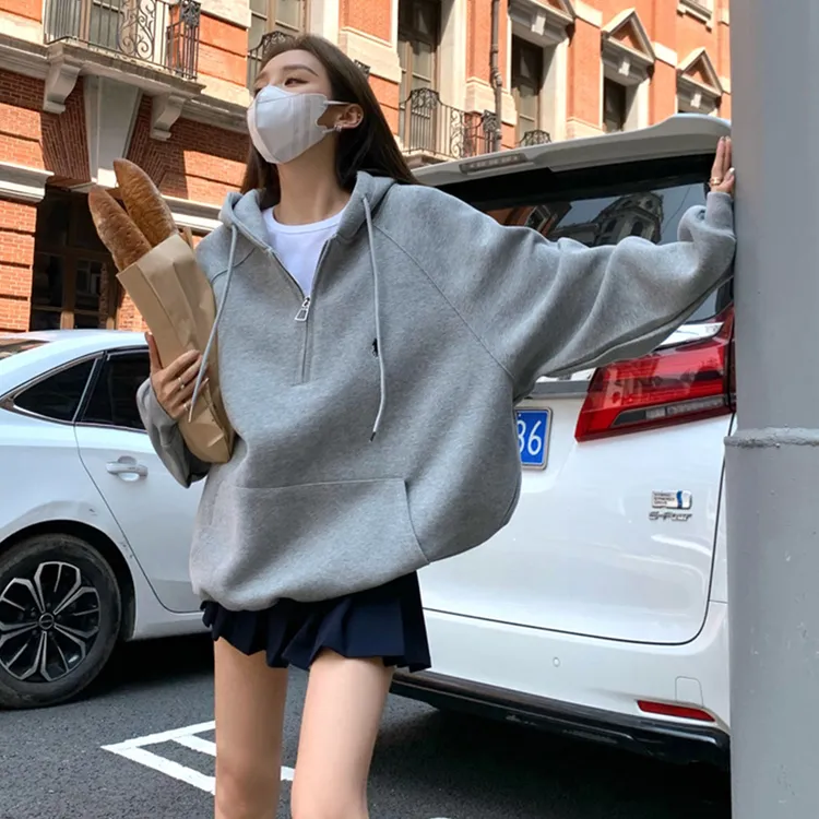 灰色连帽加绒卫衣女2025新款宽松慵懒风oversize半拉链加厚外套潮