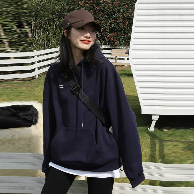 蓝色连帽卫衣女2025秋冬新款宽松慵懒风中长款显瘦加绒上衣ins潮