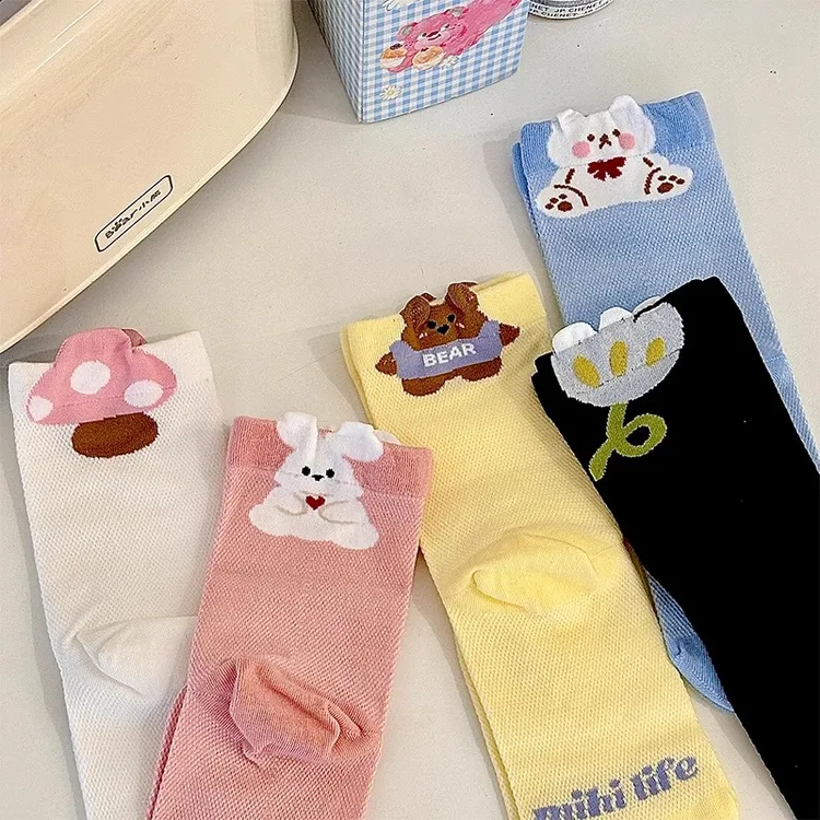 可爱袜子女夏季夏日中筒袜纯棉日系卡通甜美网眼透气长筒袜夏天潮