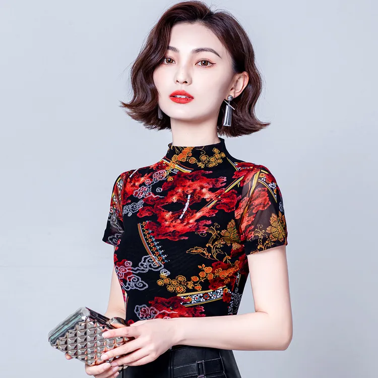 春夏时尚打底衫T恤显瘦修身洋气大码印花百搭衣服妈妈T恤衬衫短款