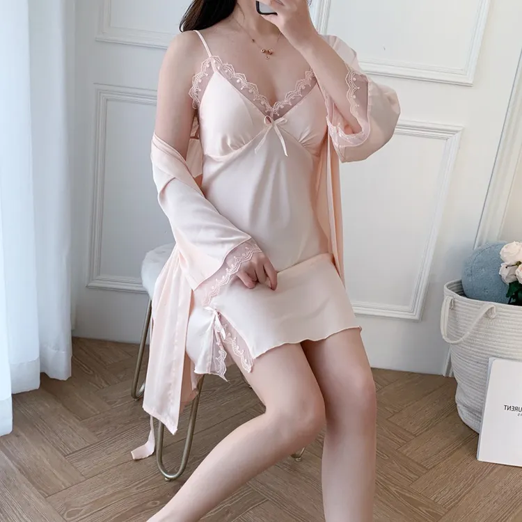 女士薄款大码性感新款纯欲冰丝网红睡衣女套装（带胸垫）吊带战袍