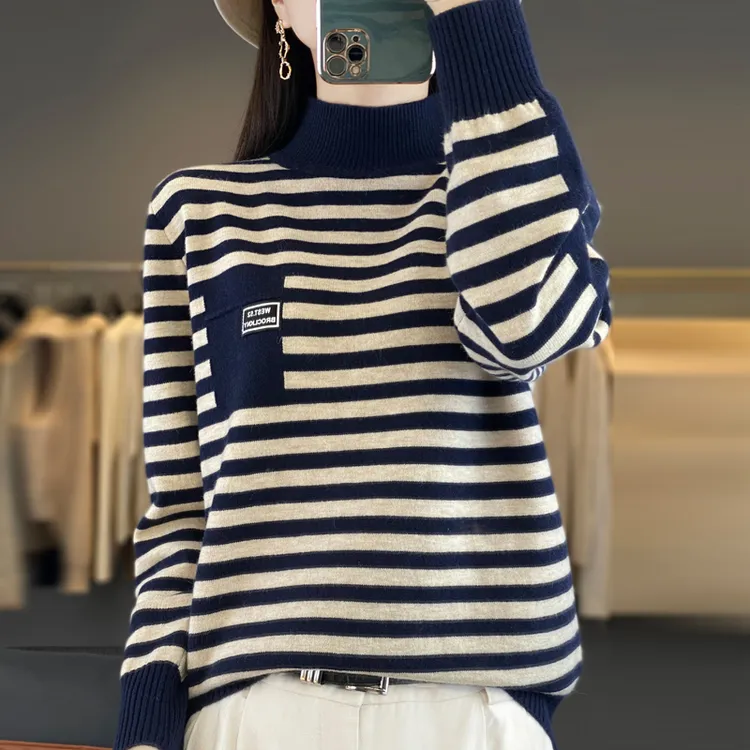 太好穿了！90-160斤条纹半高领毛衣时尚大码洋气针织打底衫