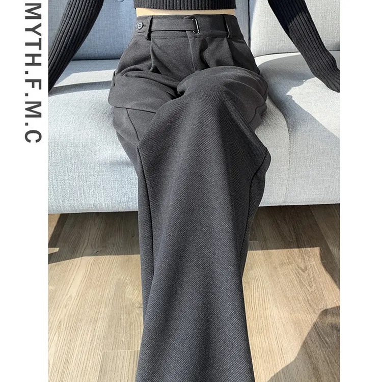 深灰色毛呢高级感西装裤子女秋冬季2024新款窄版直筒阔腿裤垂坠感
