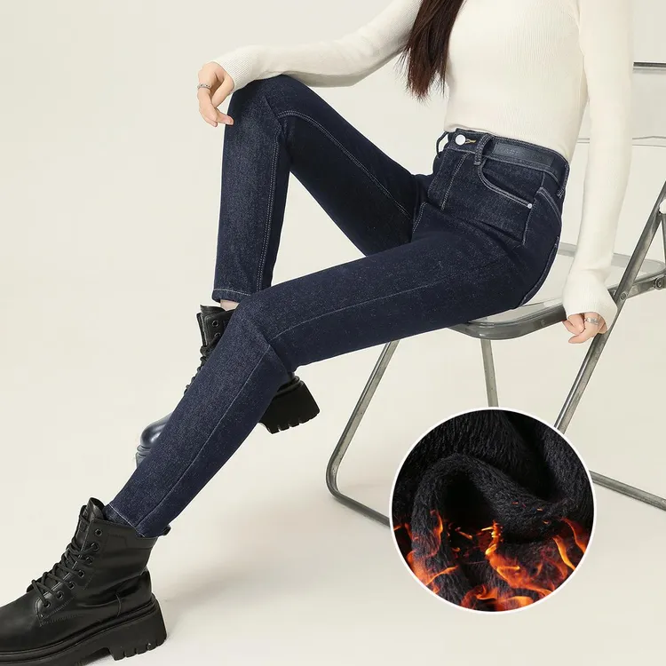 丹宁蓝加绒加厚牛仔裤女小脚冬季高腰弹力紧身显瘦保暖铅笔裤靴裤