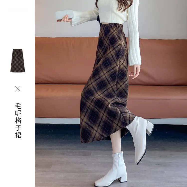 格纹毛呢半身裙女复古高腰遮胯a字2025秋冬新款中长款格子包臀裙
