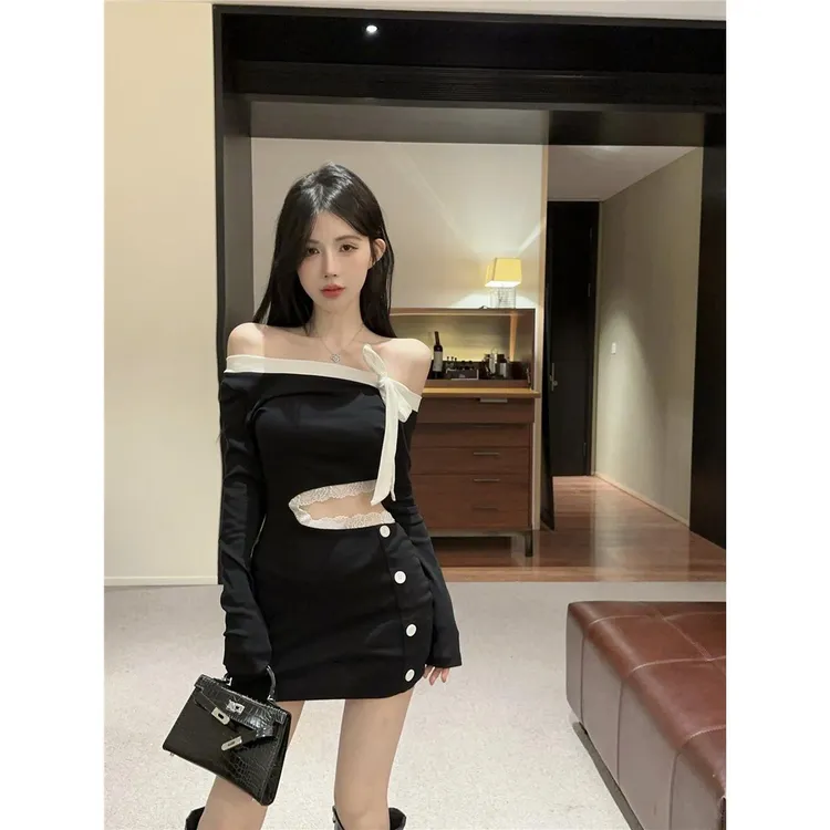 不规则斜肩蕾丝连衣裙女秋冬纯欲性感包臀裙一字肩蝴蝶结内搭裙子