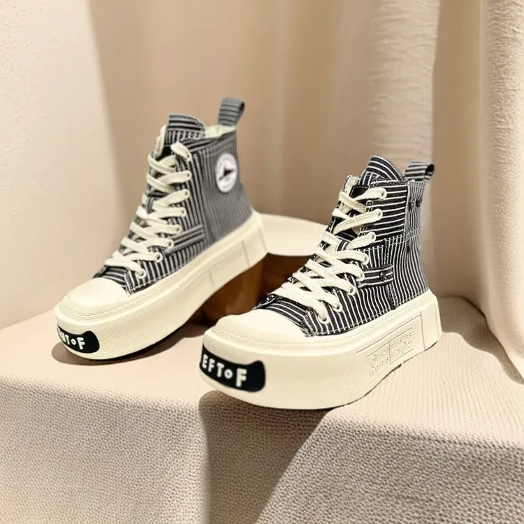 女帆布鞋高帮斑马色黑色方形鞋头金属酷风软底软面跟高4左右-2766