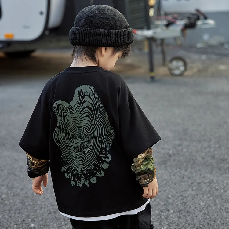 博博猪童装儿童迷彩假两件T恤2024秋季新款中小童宝宝恤G431T8009