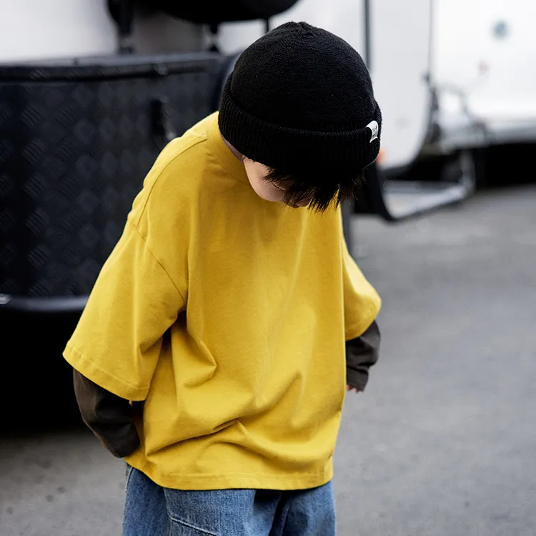 博博猪童装撞色假两件T恤2024秋季简约复古体恤儿童上衣E431T6008