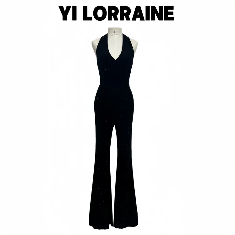 YI LORRAINE/旖洛琳原创设计烫钻挂脖系带喇叭连体裤显瘦24W323