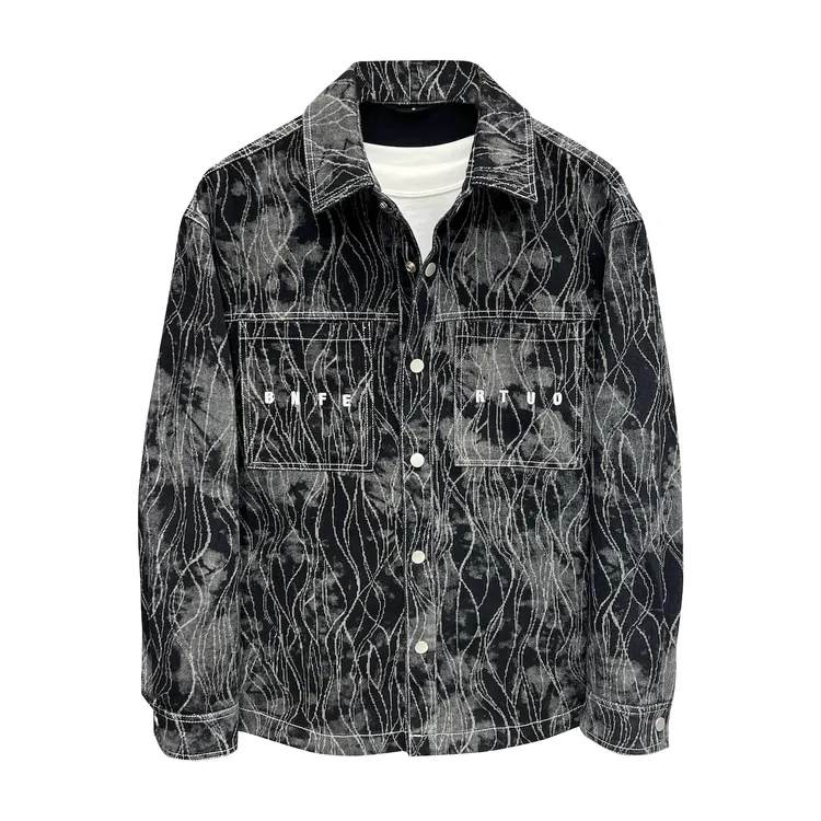 梵基弗奈复古潮流花纹撞色牛仔外套男秋季休闲水洗刺绣翻领夹克