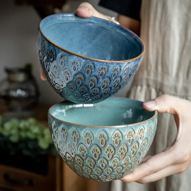 小悠家 雀纹饭碗5英寸浮雕陶瓷碗复古大饭碗高颜值餐具家用碗大号