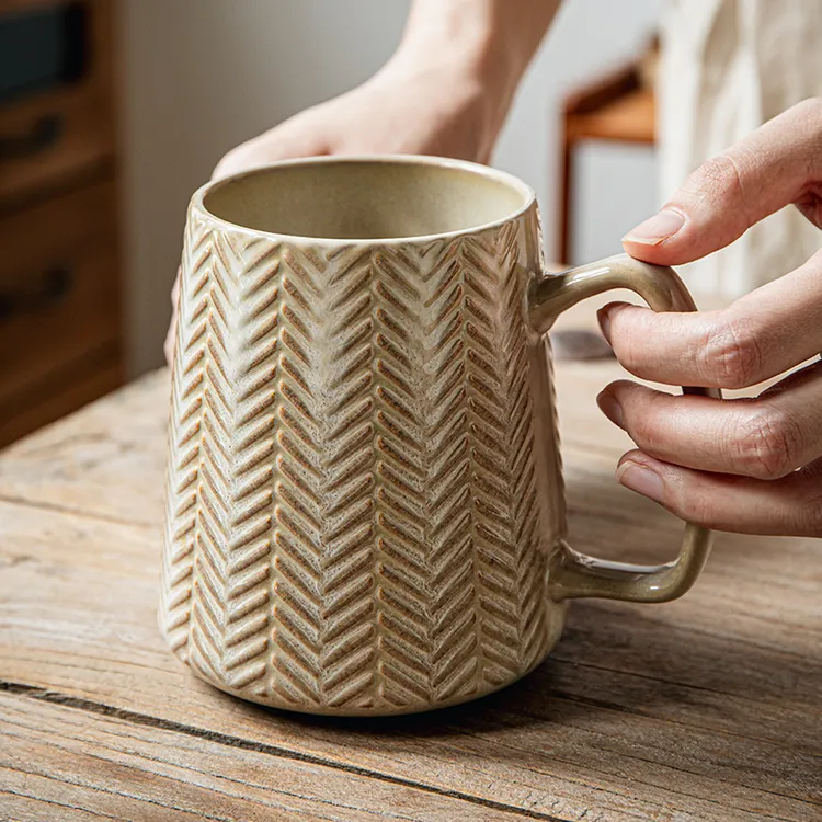 小悠家〖760ml大肚杯〗复古浮雕大杯子办公马克杯醴陵陶瓷咖啡杯