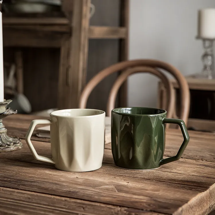 小悠家 镜面菱纹杯子复古咖啡杯简约ins风情侣马克杯纯色陶瓷水杯