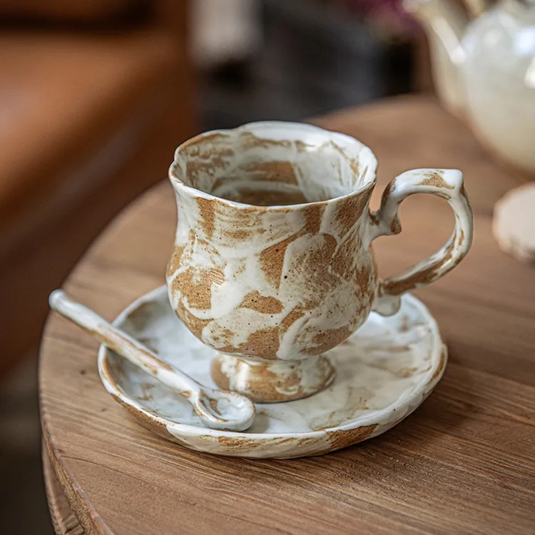 小悠家〖特别好看的咖啡杯〗中古粗陶杯子手工马克杯小众咖啡杯碟