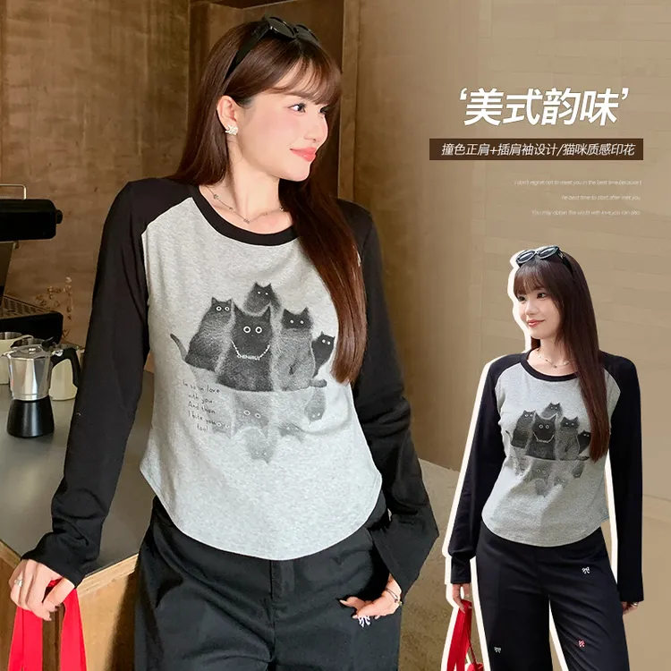 【美式韵味】大码设计感小猫印花插肩袖T恤女装秋胖mm遮肉显瘦百搭