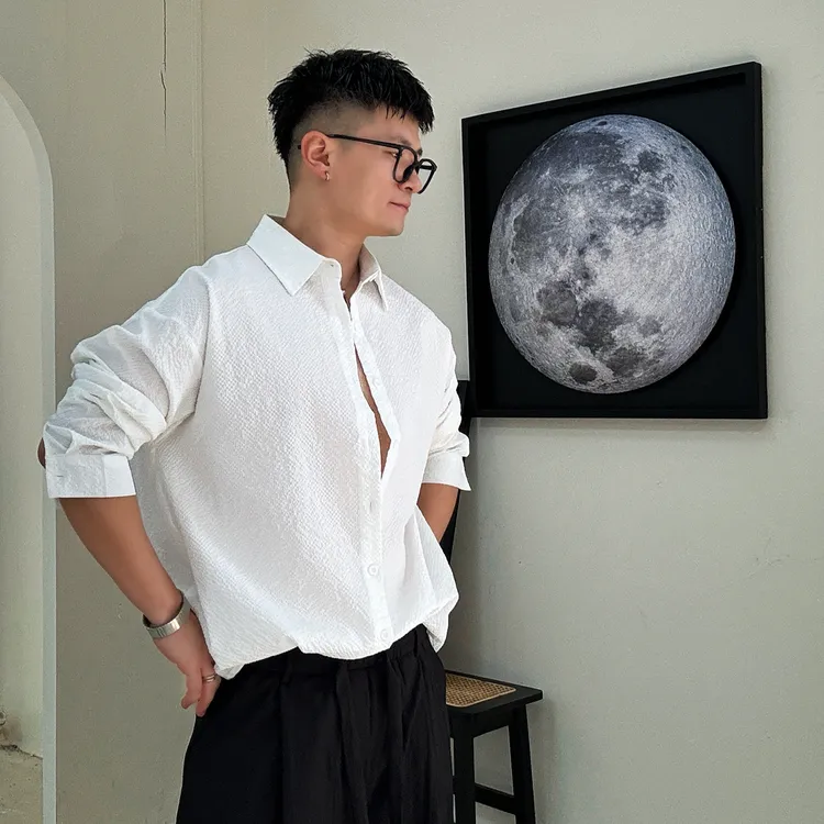 陆星家【泡泡纱】秋季高弹肌理男士长袖外套衬衫轻奢痞帅男装C040