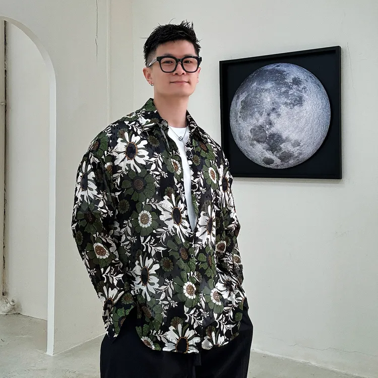 陆星家【太阳花】夏季薄纱印花衬衫轻奢痞帅男沙滩长袖C012