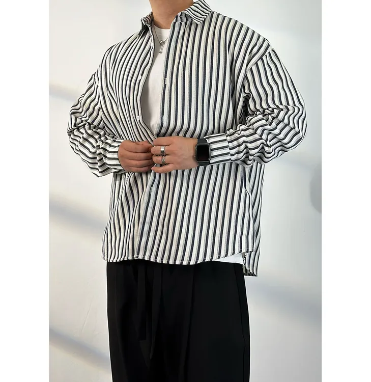 陆星家【条纹海蓝】秋季简约宽松条纹衬衫绅士小众男士长袖设计C081