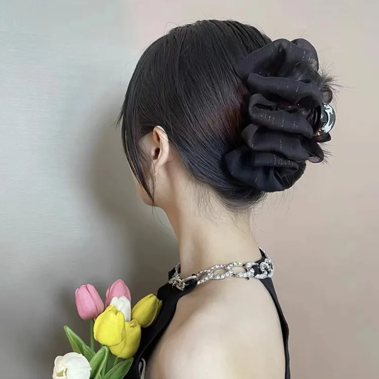 法式黑色抓夹气质银丝蝴蝶结泡泡发夹发卡夹子鲨鱼夹大抓夹头饰