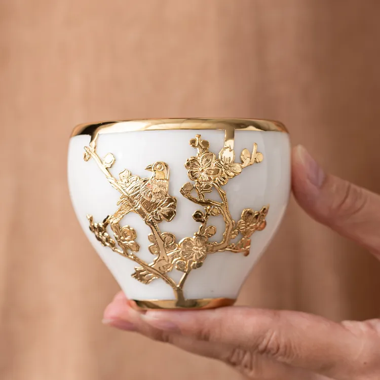 联谊徐福坤签名款金锡镶茶杯厚釉玉瓷手工高档白瓷茶具家用主人杯