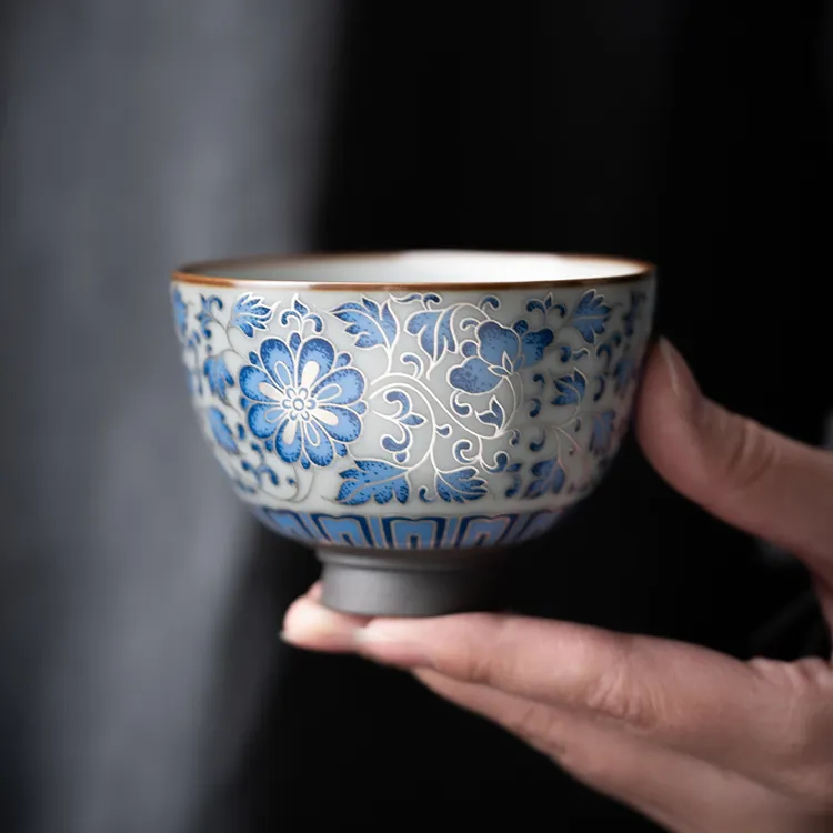 联谊缠枝莲仿古青花手工掐丝主人杯陶瓷中式复古家用大容量主人杯