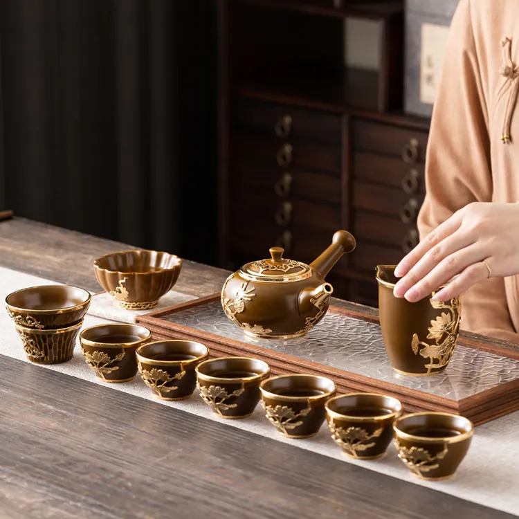 金镶玉侧把壶套装陶瓷中式复古高档手工泡茶套装伴手礼盒茶具套装