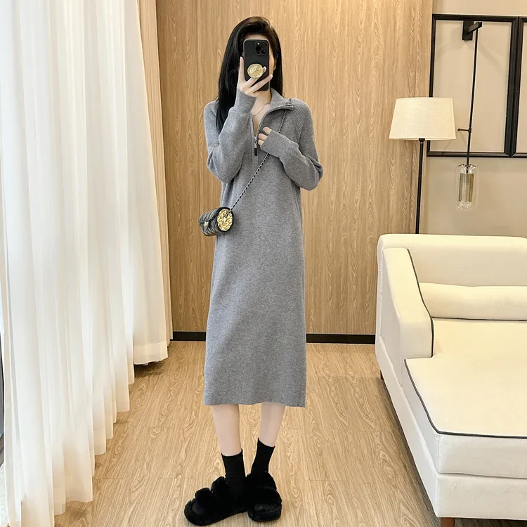 秋冬加厚百搭气质拉链高领针织连衣裙女插肩显瘦中长款毛衣裙内搭