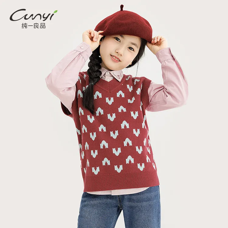 [特惠]品童装女童针织马甲秋冬新品中大童复古双面提花套头毛衣
